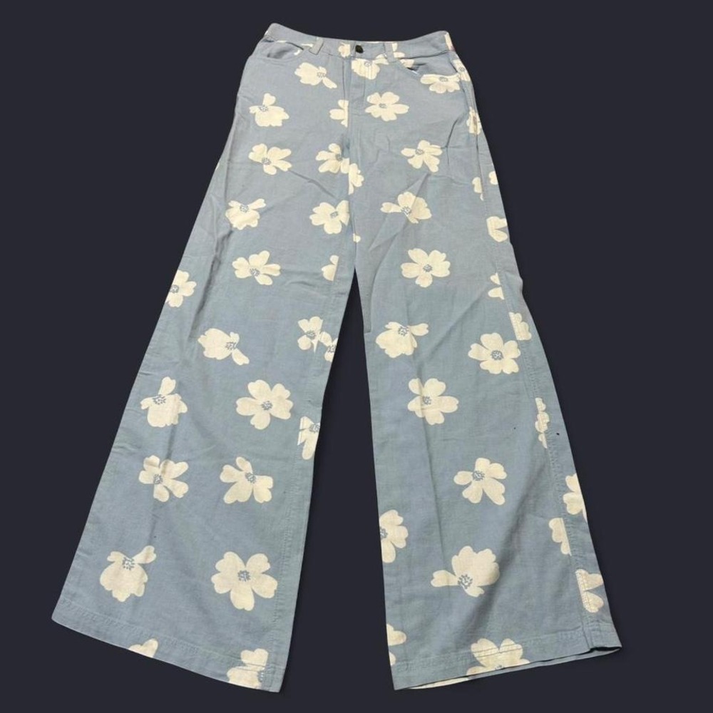 NWT O'Neill Light Blue High Rise Wide Leg Linen Pants with White Floral Print